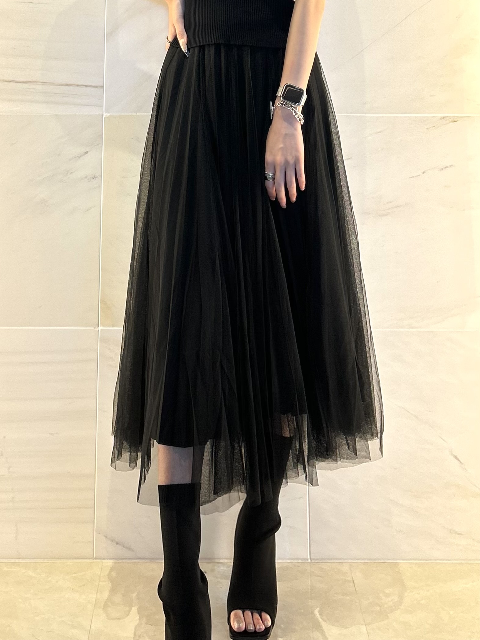 【MIRROR9】Sheer layered skirt BLACK